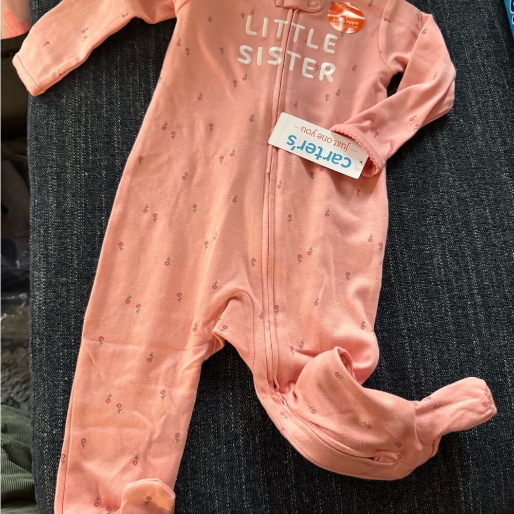 Carter's Peachy Pink "Little Sister" 2 way Zip Footie Pajamas 9 months
